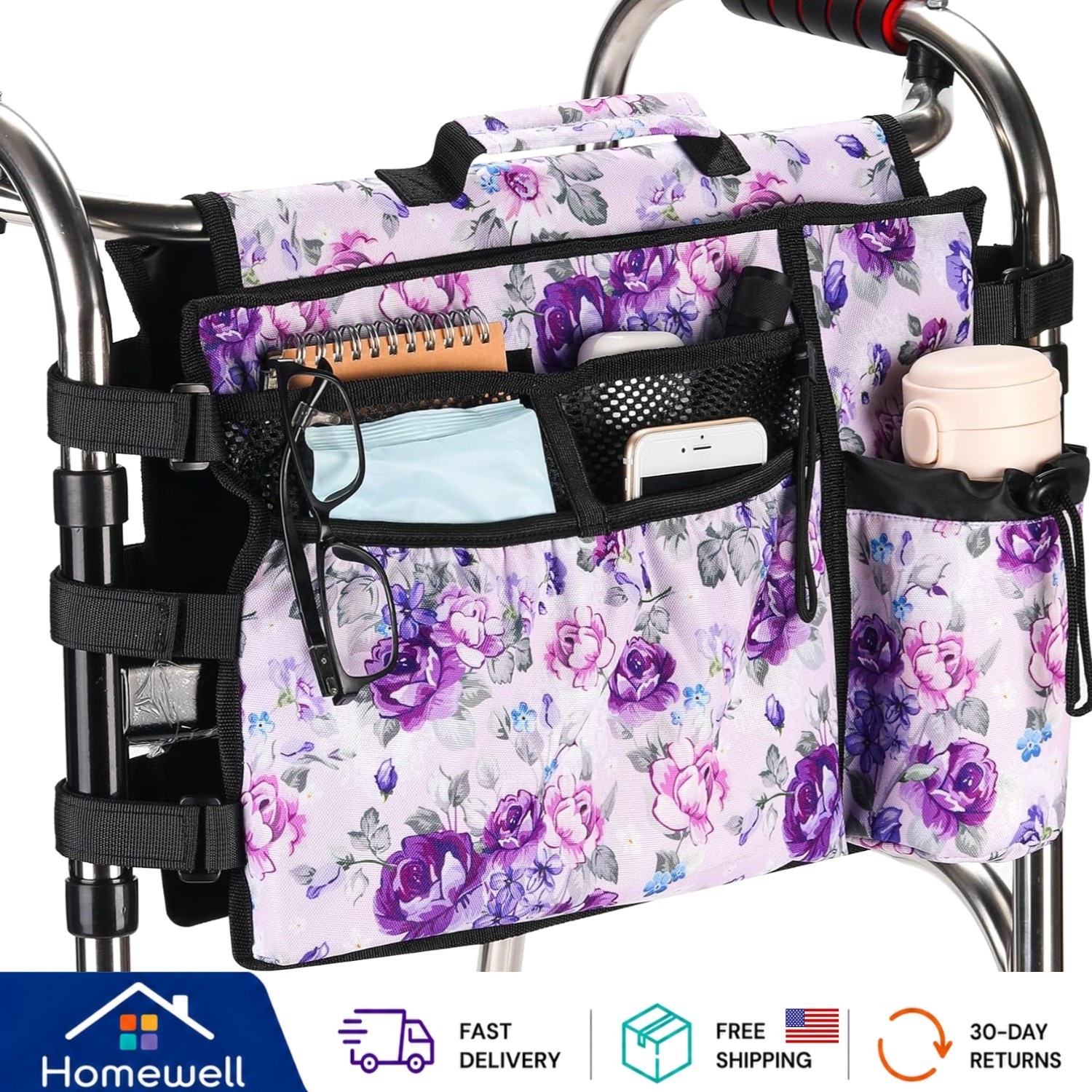 Durable & Efficient Double-Sided Walker Storage Tote with Built-In Cup Holder