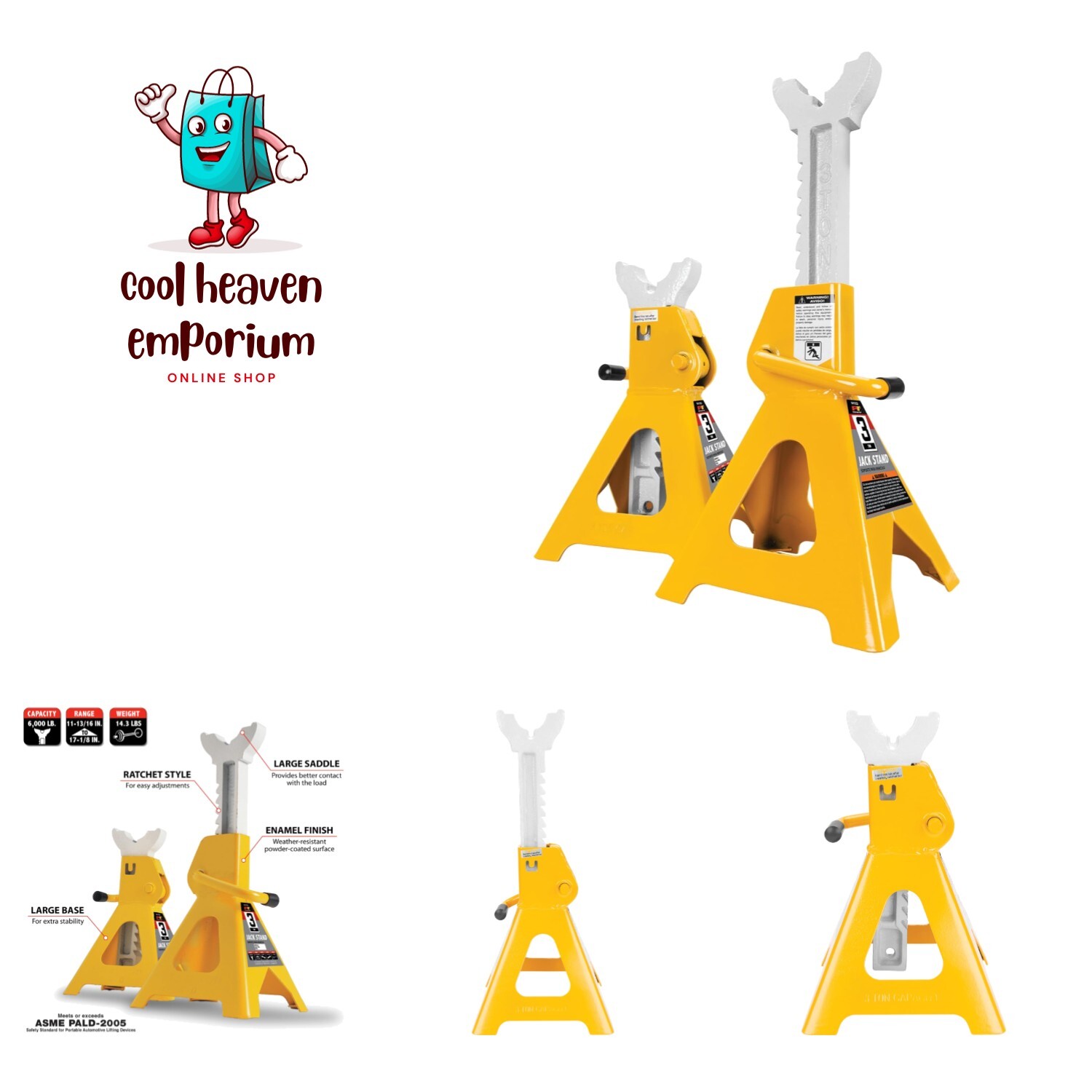 Jack Stand Set for Lifting Vehicles During Maintenance, Yellow, 3-Ton