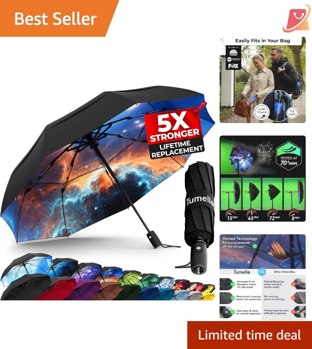Windproof Travel Umbrella Compact Lightweight Automatic Rain Backpack Car Use