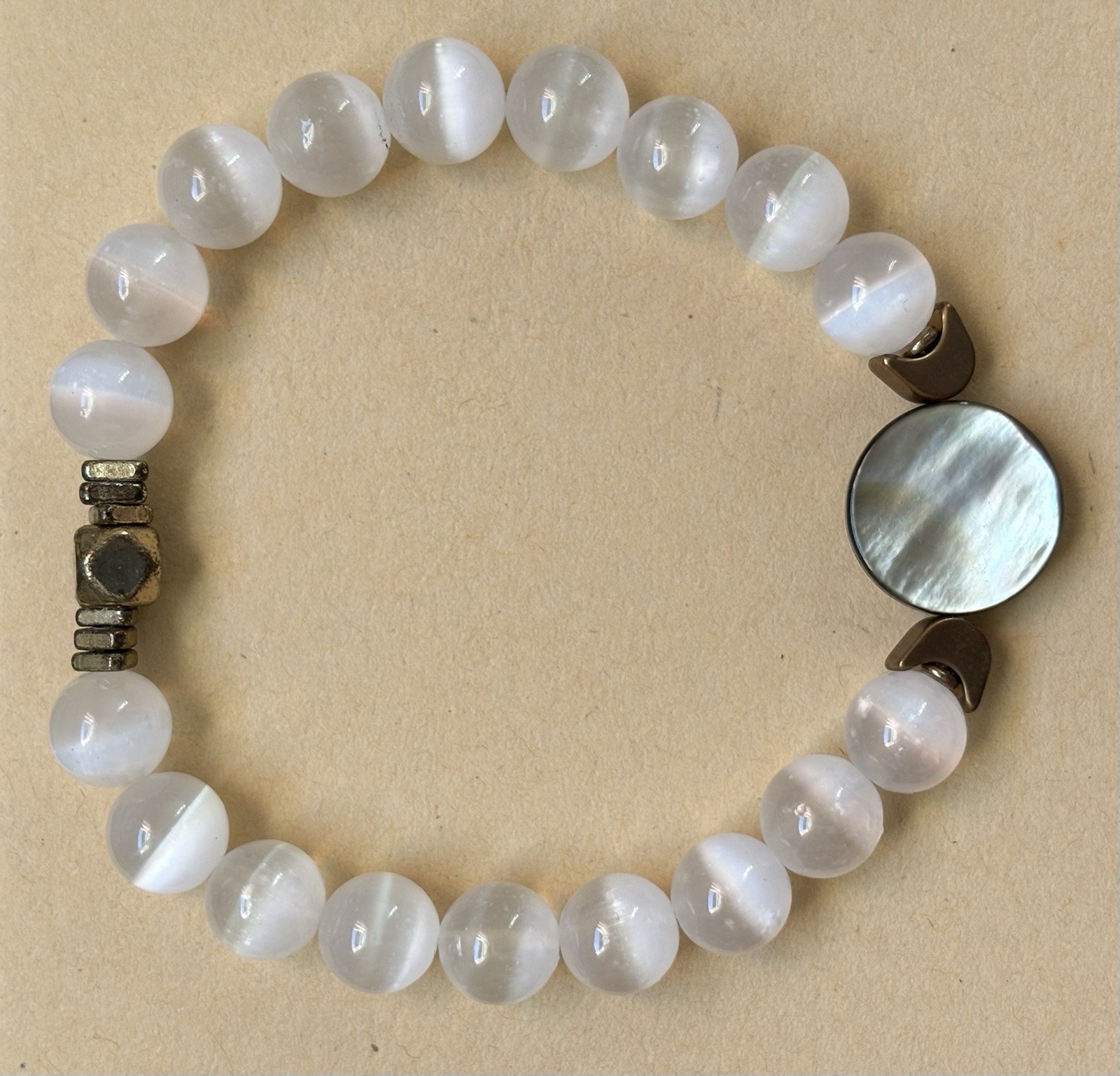 Selenite Full Moon Bracelet – Genuine Selenite, Tahitian Shell, Brass Accents