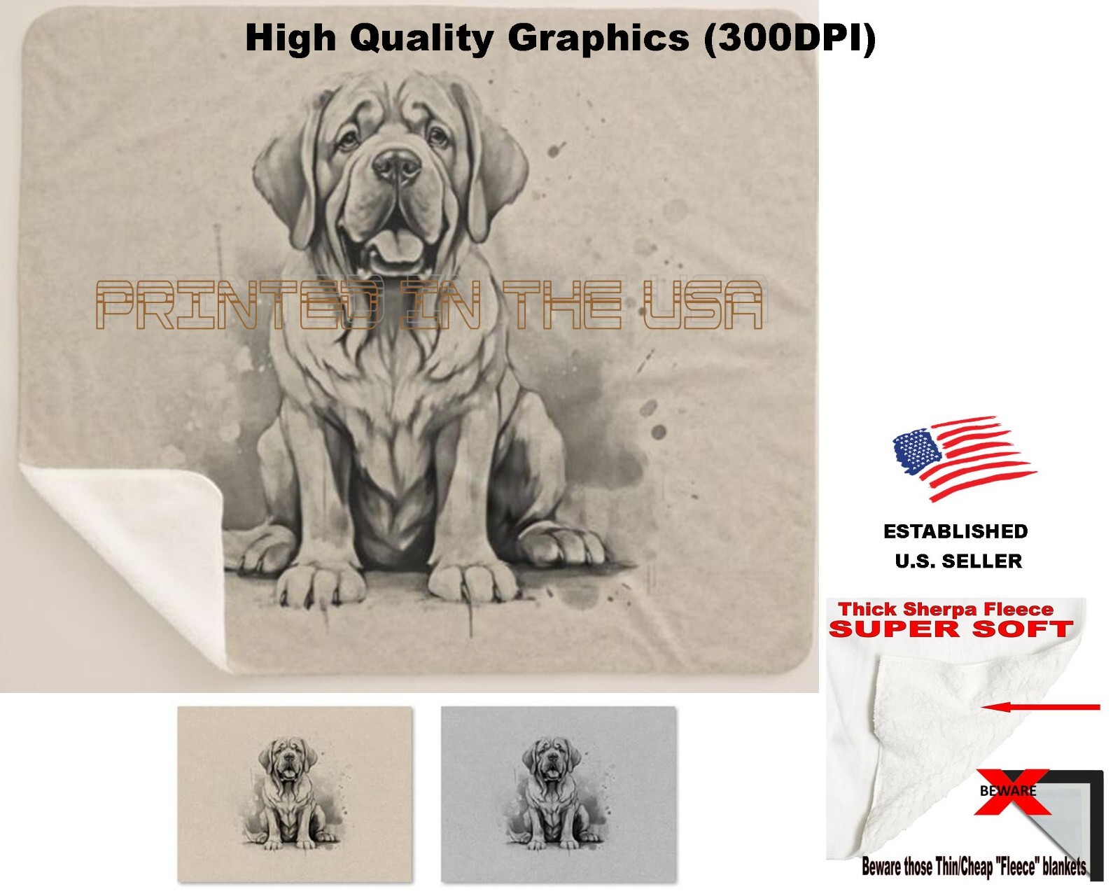 Mastiff Bullmastiff Cute Puppy Dog Sitting Cartoon Sherpa Fleece Throw Blanket
