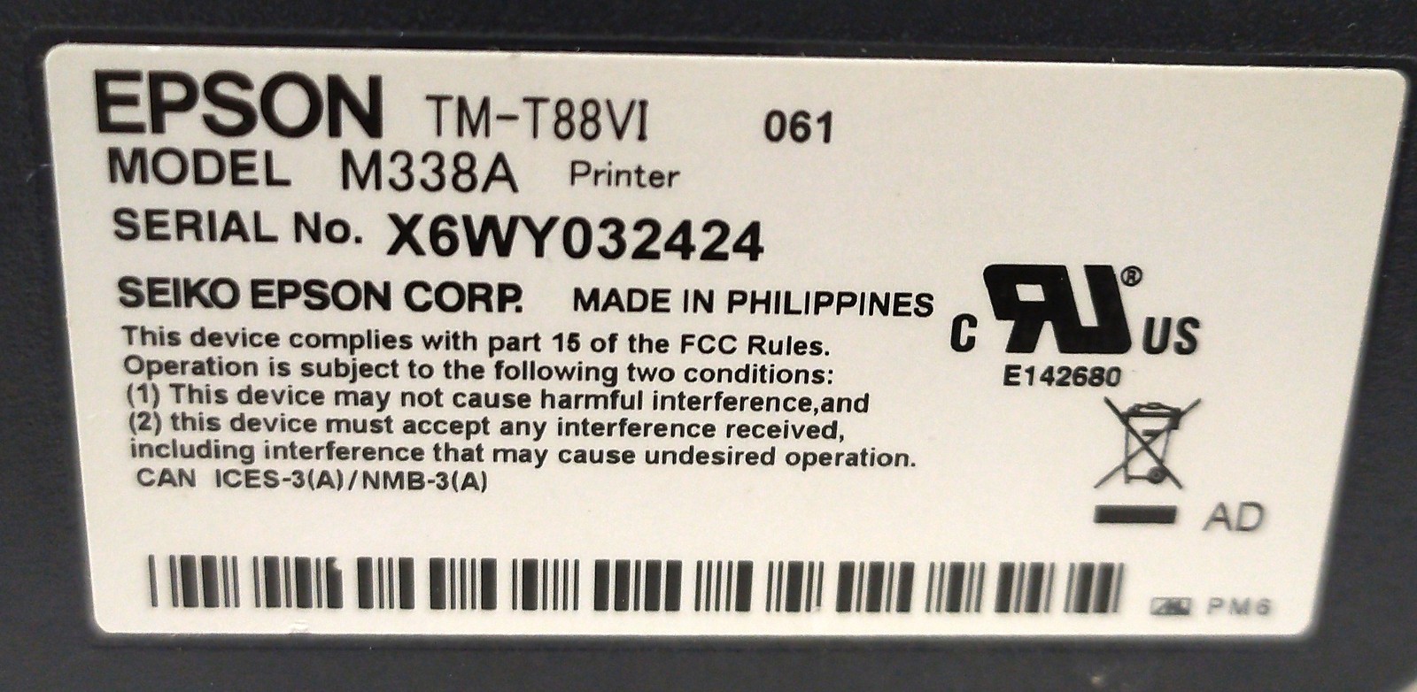 Epson TM-T88VI POS Compact Thermal POS Receipt Printer USB Ethernet Serial Black