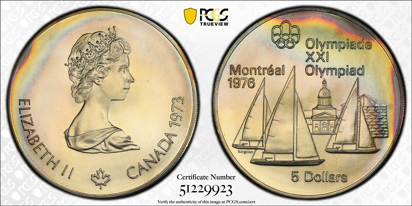 MS67 1973 $1 Canada Montreal Olympics Silver Dollar PCGS Trueview- Rainbow Toned