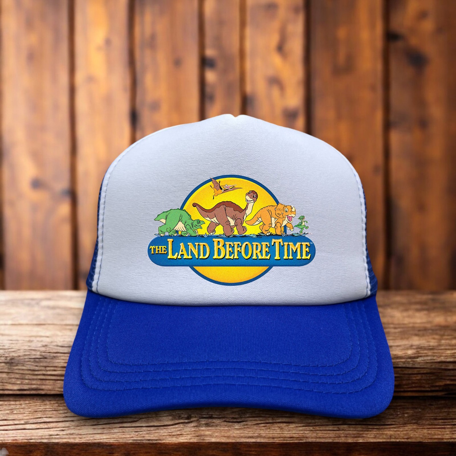 The Land Before Time Mens Trucker Hat Blue Snapback 1988 Dinosaur Movie Ball Cap