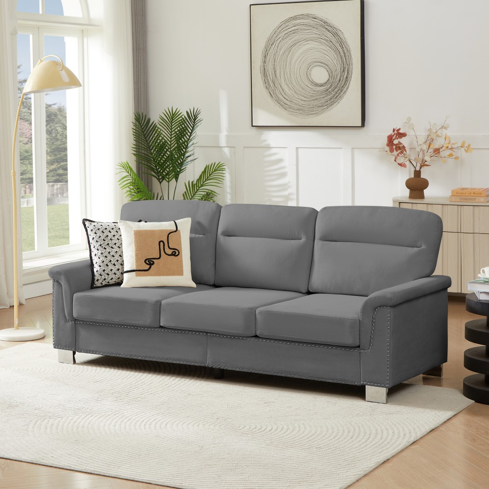 82" Modern Snowfleece Fabric 3-Seat Sofa w/ Rolled Arms for Living Room, Gray