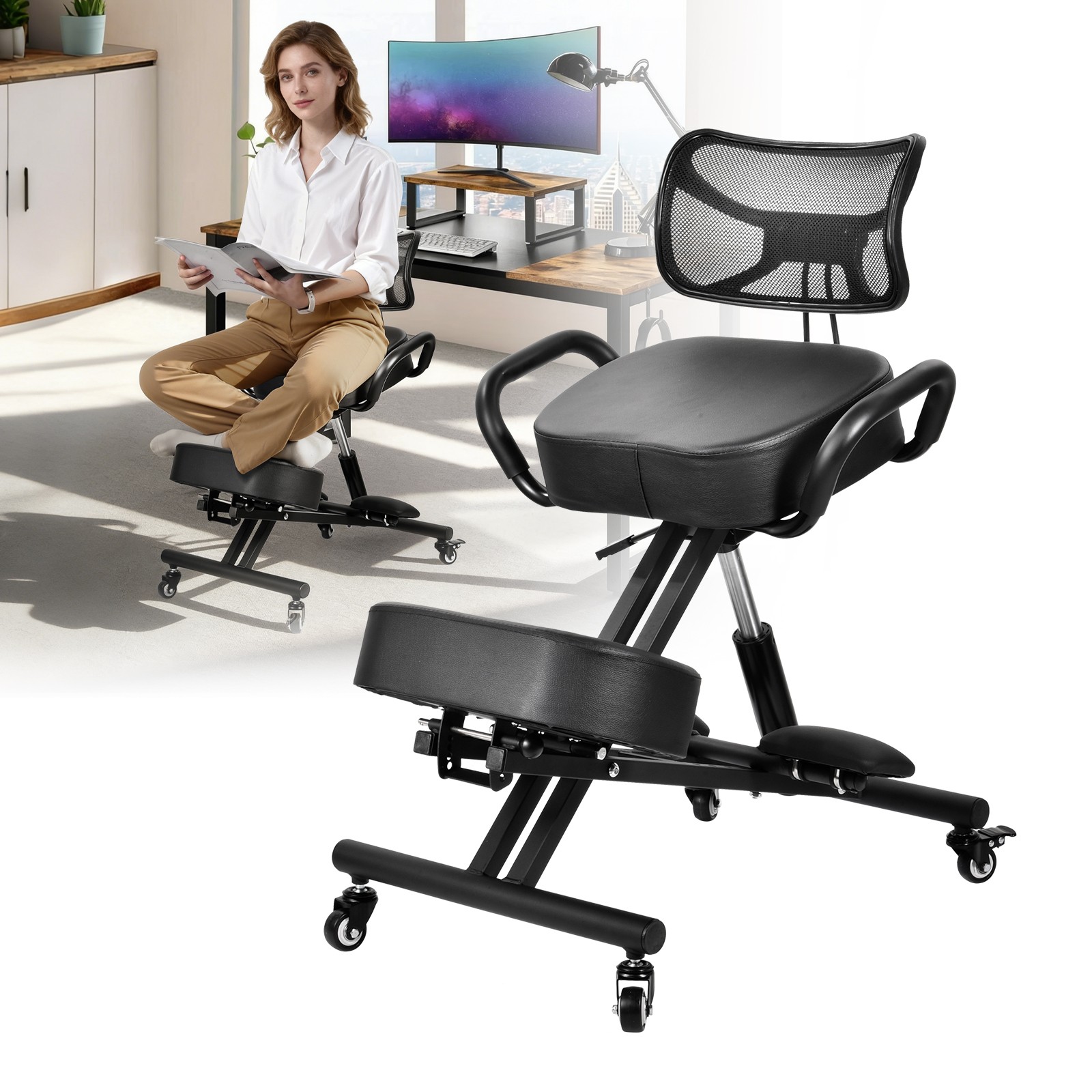 Ergonomic Kneeling Chair Adjustable Stool Upright Back Postures Home Office