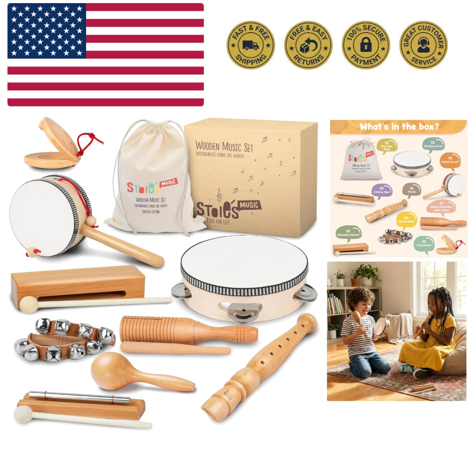 Wooden Toddler Musical Instruments with Drum, Hand Bells, Flute, Maracas, Cas...