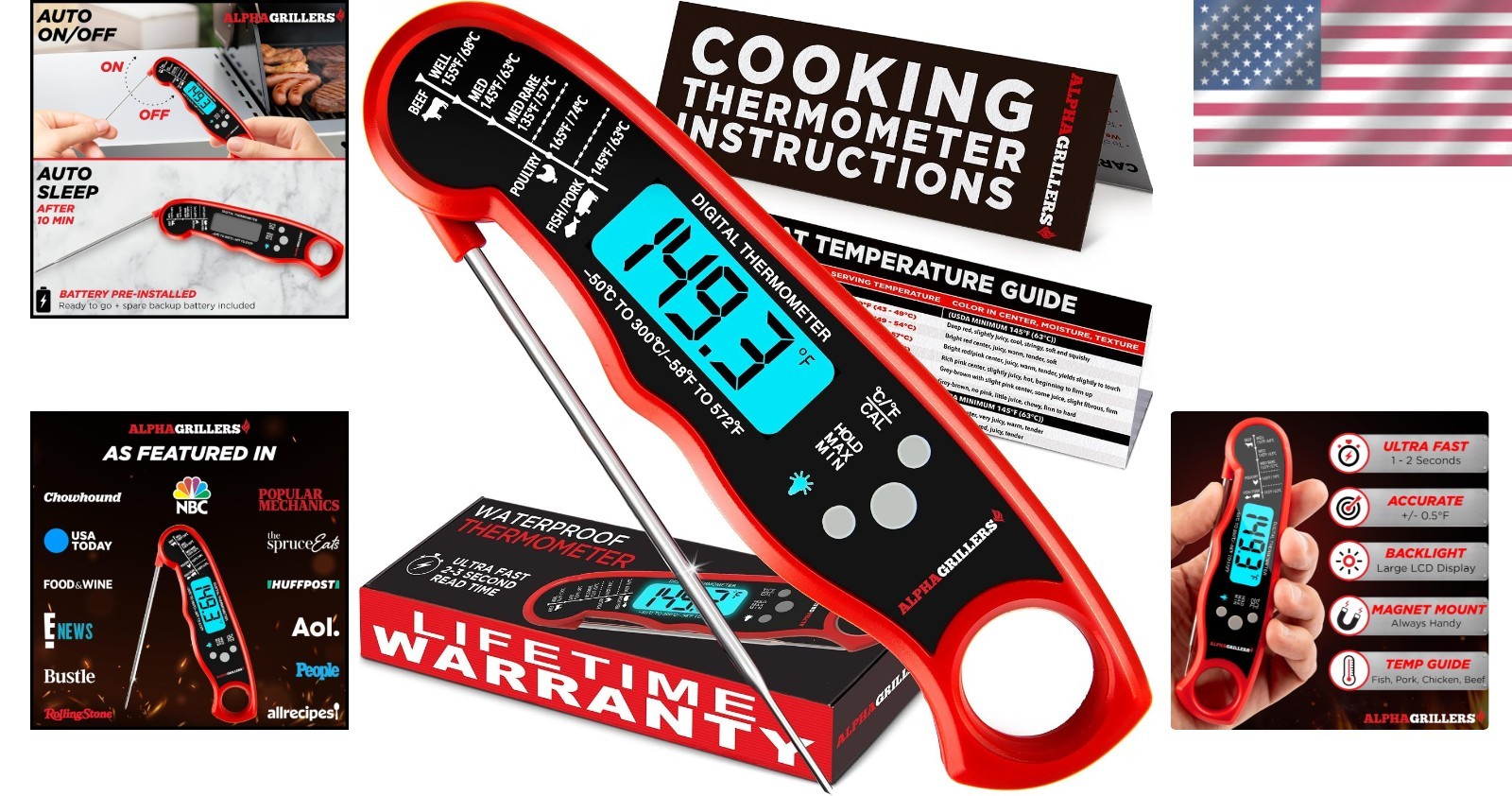 Instant Read Digital Meat Thermometer with Backlit Display | 1-2 Sec Response
