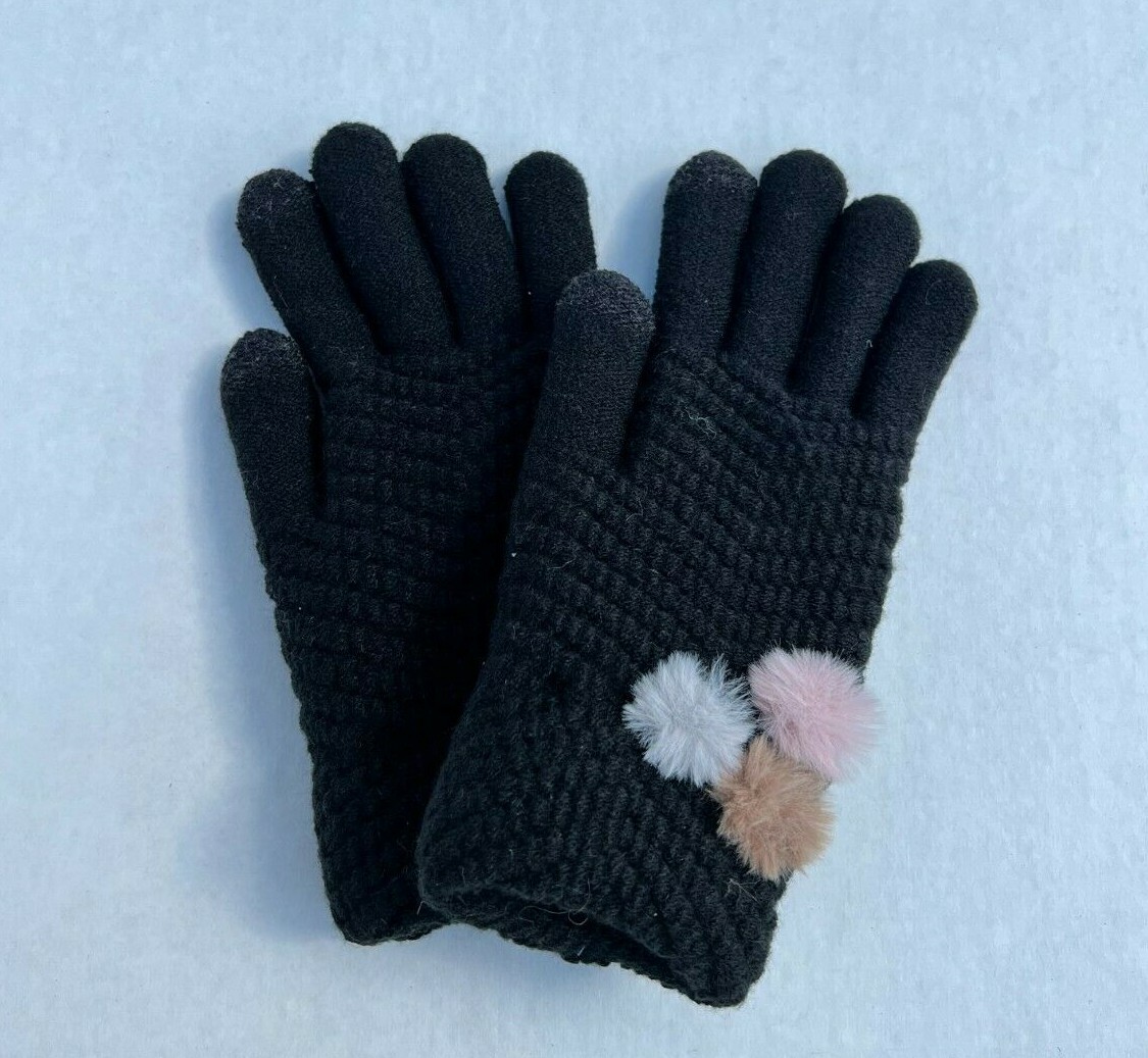 Womens Winter Warm Textured Knit Tech Touch Glove with Faux fur Poms Cozy lining
