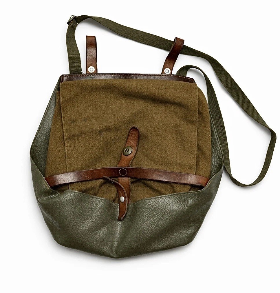 Vintage 1970 Swiss Army Bread Bag Canvas Leather Strap Military Crossbody