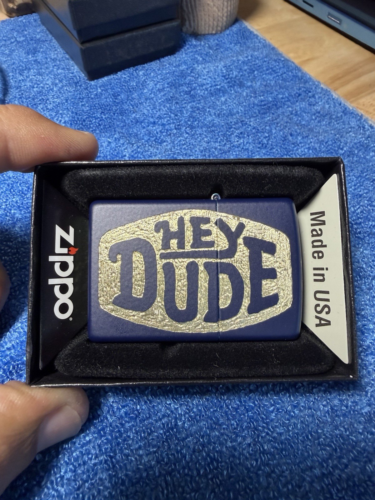 1-HEY DUDE Logo On A Navy Blue Zippo Lighter