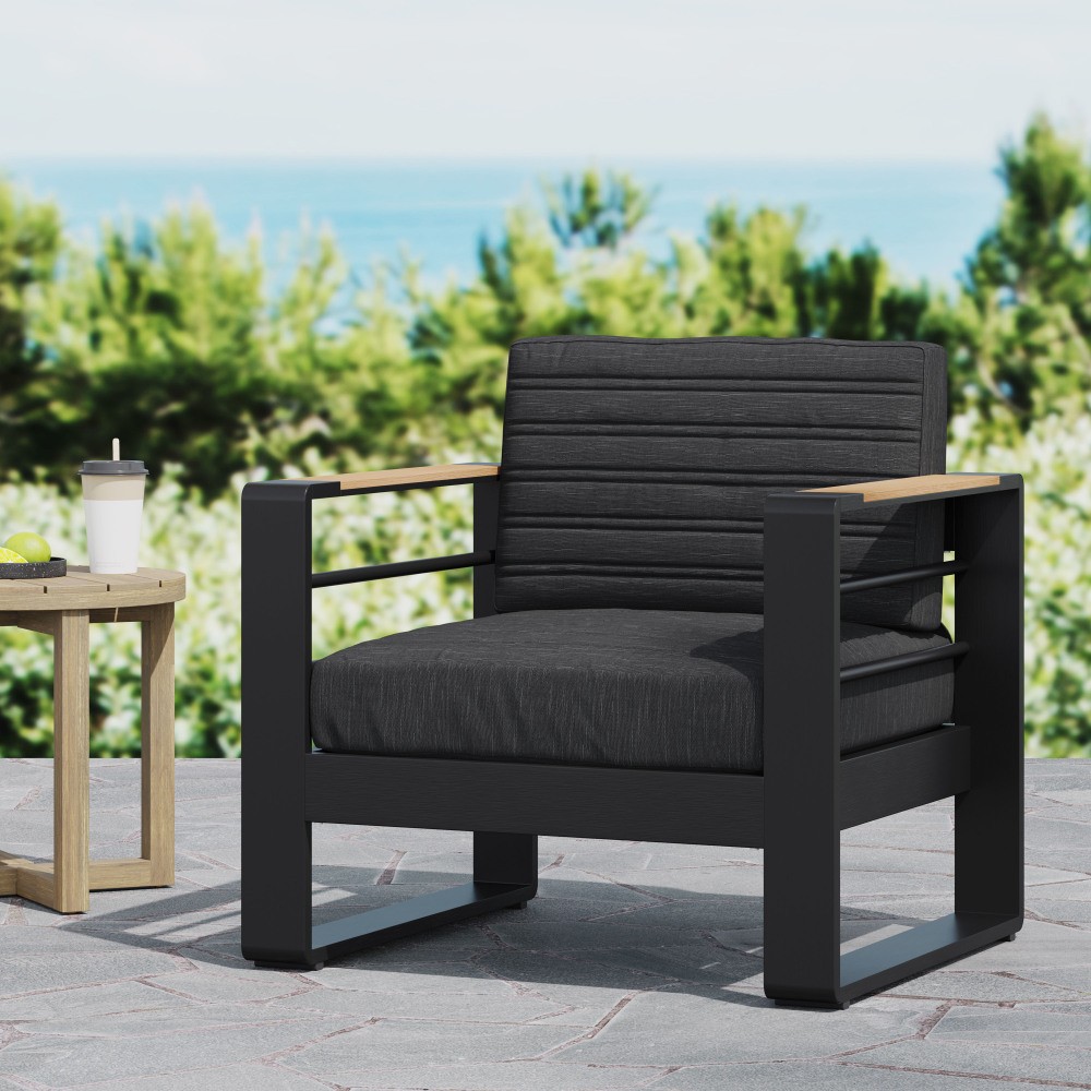 Outdoor Club Chair, Patio Seat w/ Water-Resistant Cushion, Aluminum Frame, Black