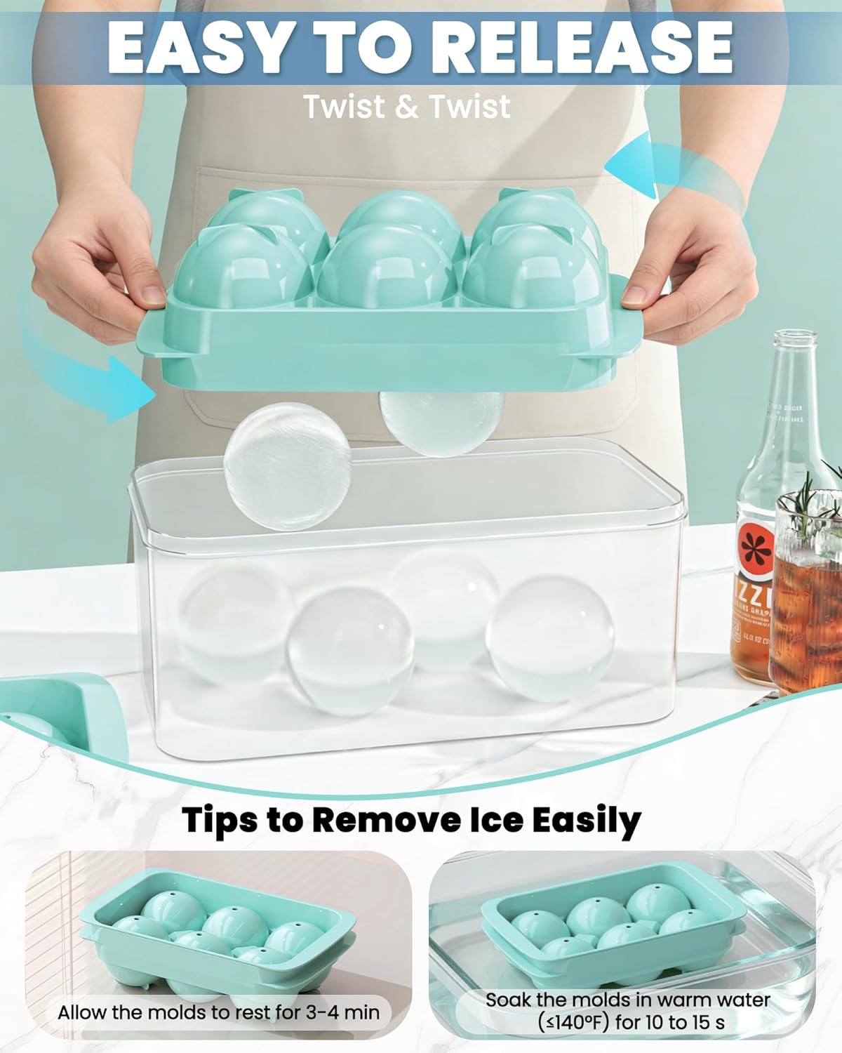 2 Pack Large Round Ice Cube Tray with Bin & Tongs Stackable Mold Set