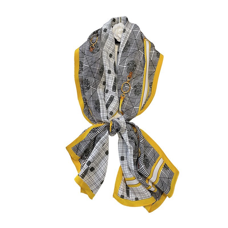 100% Silk Twill Scarf Women Square Bandana Wrap Fashion Black Yellow 145*37cm