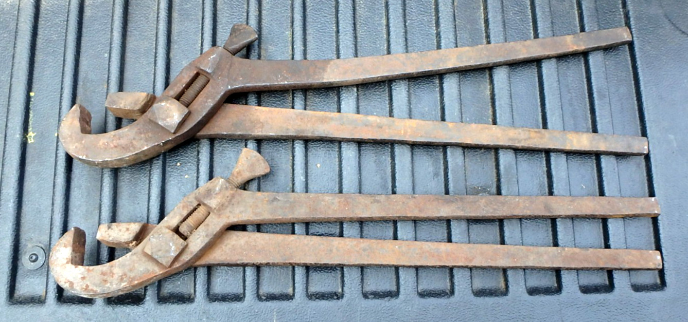 Antique Tools, 2,   Aschroft No. 3 Pipe Tongs, 1870's, steam engine, locomotive?
