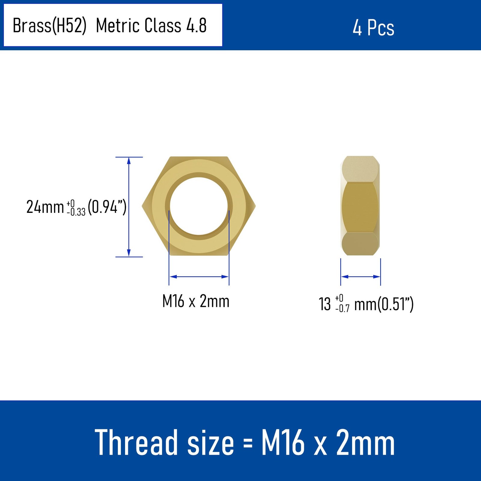 4PCS M16-2 Brass Hex Nuts Metric Coarse Thread Hexagon NutISO 4032 Class 4.8