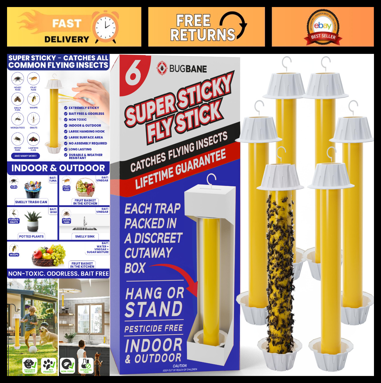 Sticky Fly Traps 6pk - Non-Toxic Super Sticky Hanging Insect Catcher for Home &