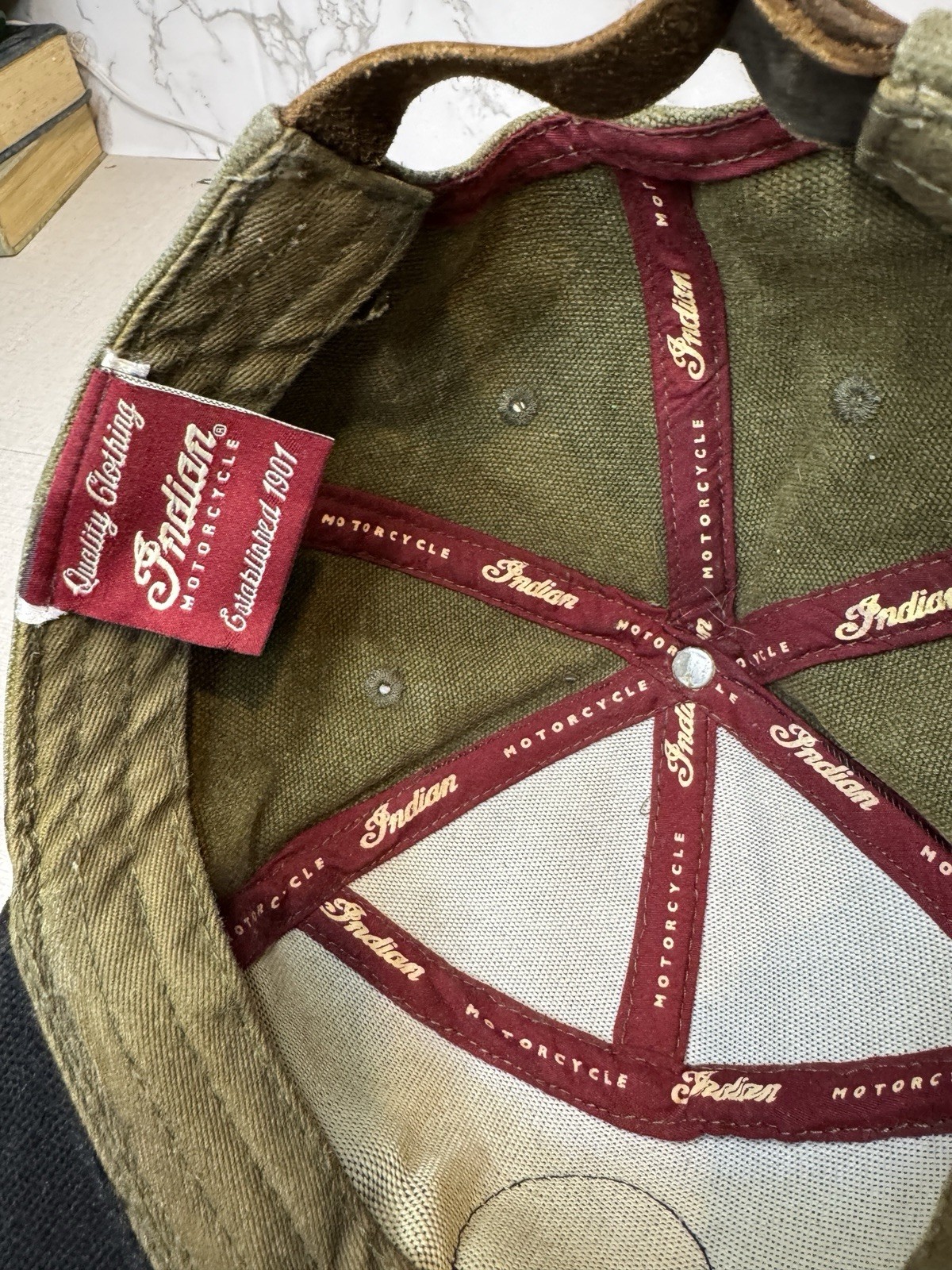 Indian Motorcycle 1901 Flatbill Waxed Cotton Hat Leather Strap Adustable