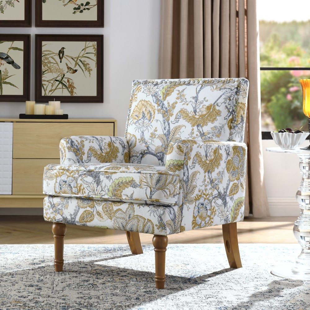 Accent Chair Floral Armchair, Nailhead Trim, Gold and Grey Decor Solid Wood Legs