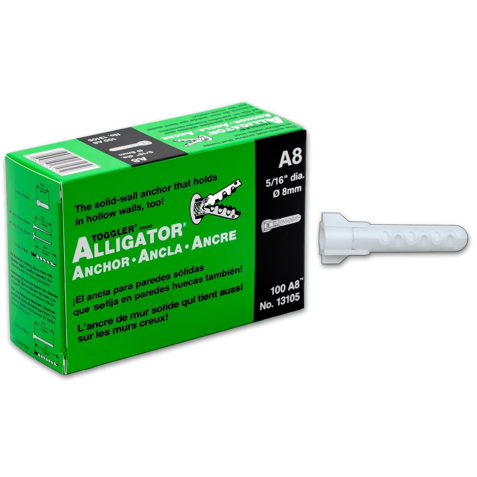 TOGGLER Alligator A8 Wall Anchors 5/16", 100 Pack, 5/16" x1-9/16 w/o Screw | ...