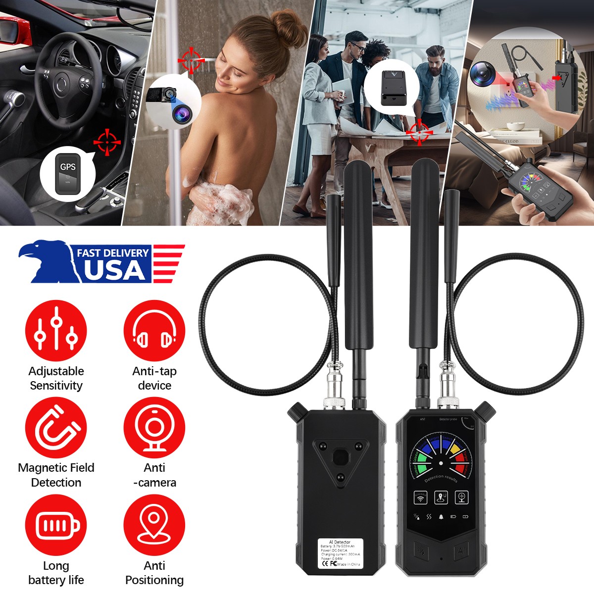 Anti-Spy RF Signal Detector Hidden Camera Bug Finder GSM Audio Tracker Scan US