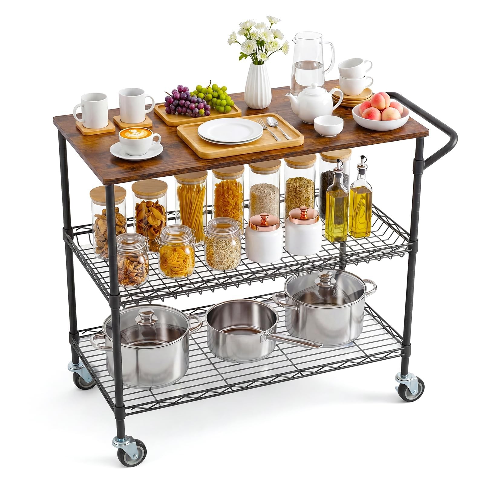 3 Tier Rolling Utility Cart ,Heavy Duty Wire Storage Cart Kitchen Cart on Wheels