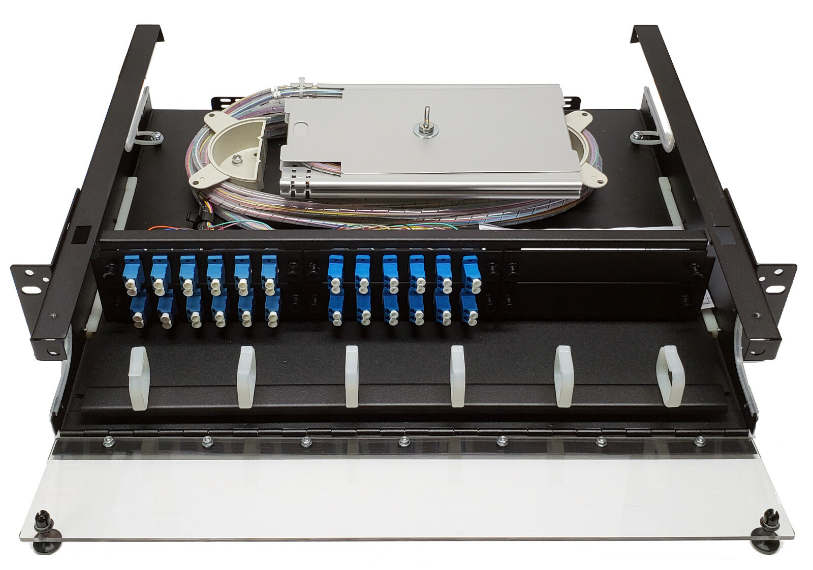 48 Fiber 2RU Rack Mount w/ 24 LC/UPC Duplex Adapters, Singlemode Pigtails & Tray