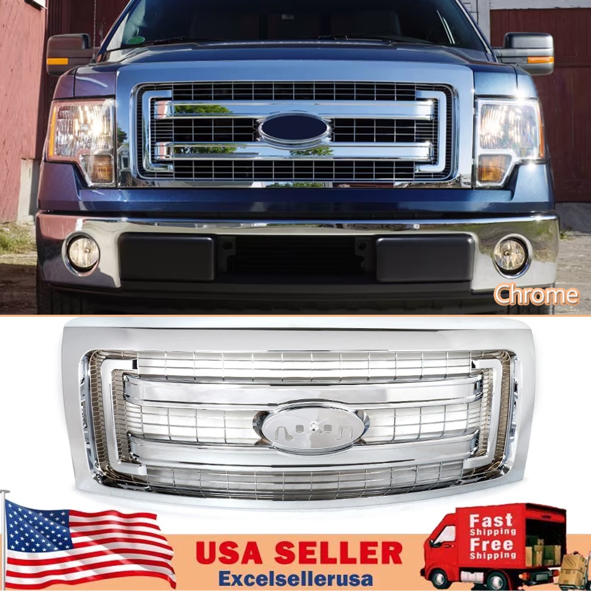 For 2009-2014 Ford F150 F-150 Front Upper Bumper Grille Chrome Grill XLT Style