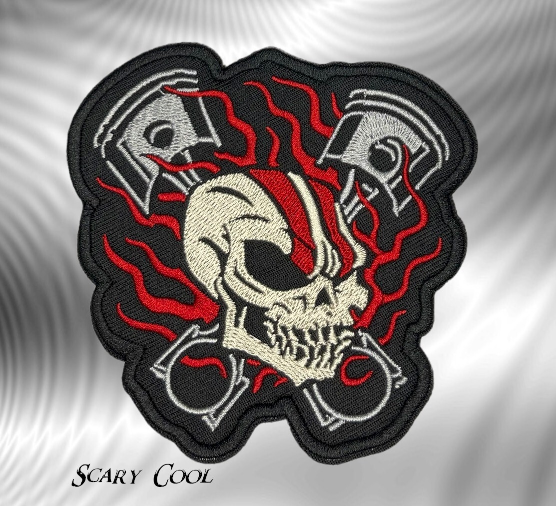 New Skull Piston Tribal Flames Embroidered Motorcycle Biker Iron On Patch