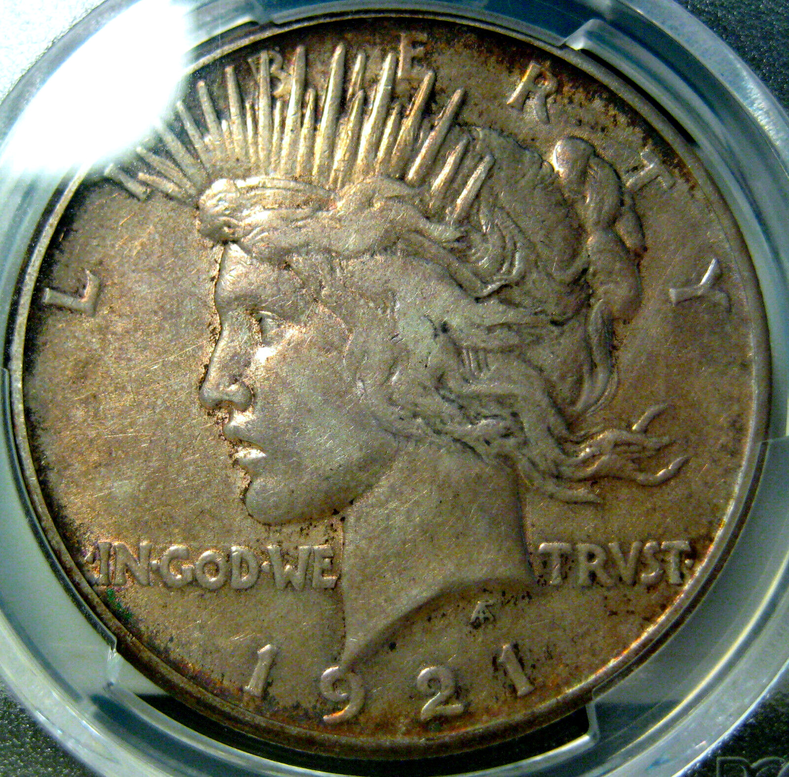 1921 PEACE SILVER DOLLAR PCGS XF45 HIGH RELIEF WITH SHARP DETAIL LIGHTLTY TONED