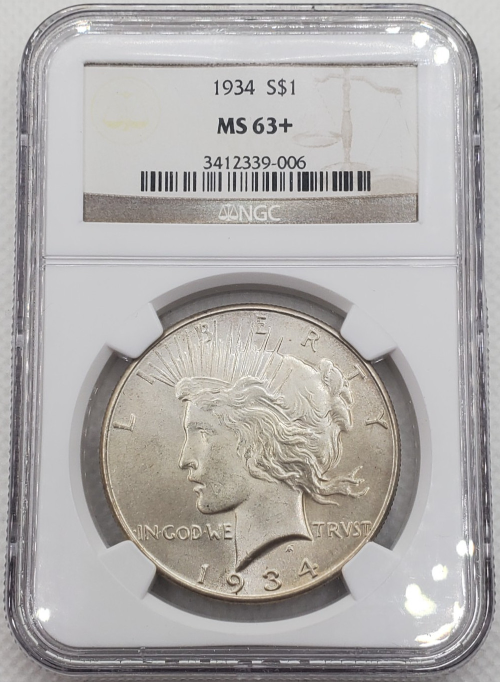 1934 Peace Silver Dollar NGC MS63+