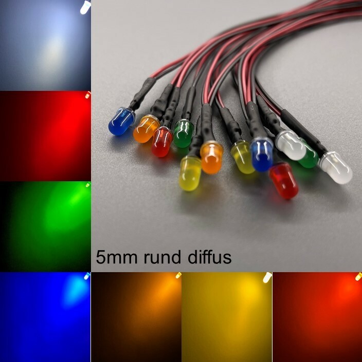 Wired 5mm LEDs Round Diffuse All Colors 5mm LED Resistors