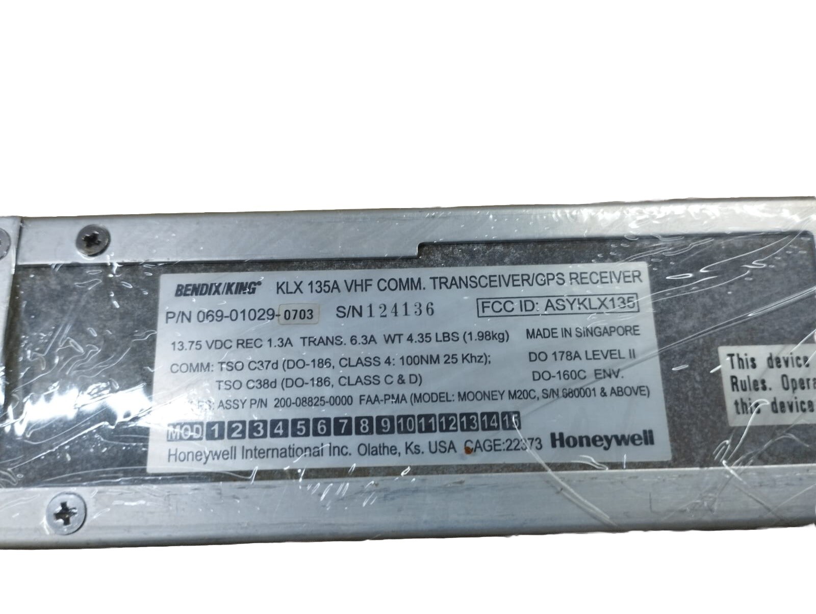 Certified 069-01029-0703 KLX135A VHF COMM. TRANSCEIVER/GPS RECEIVER