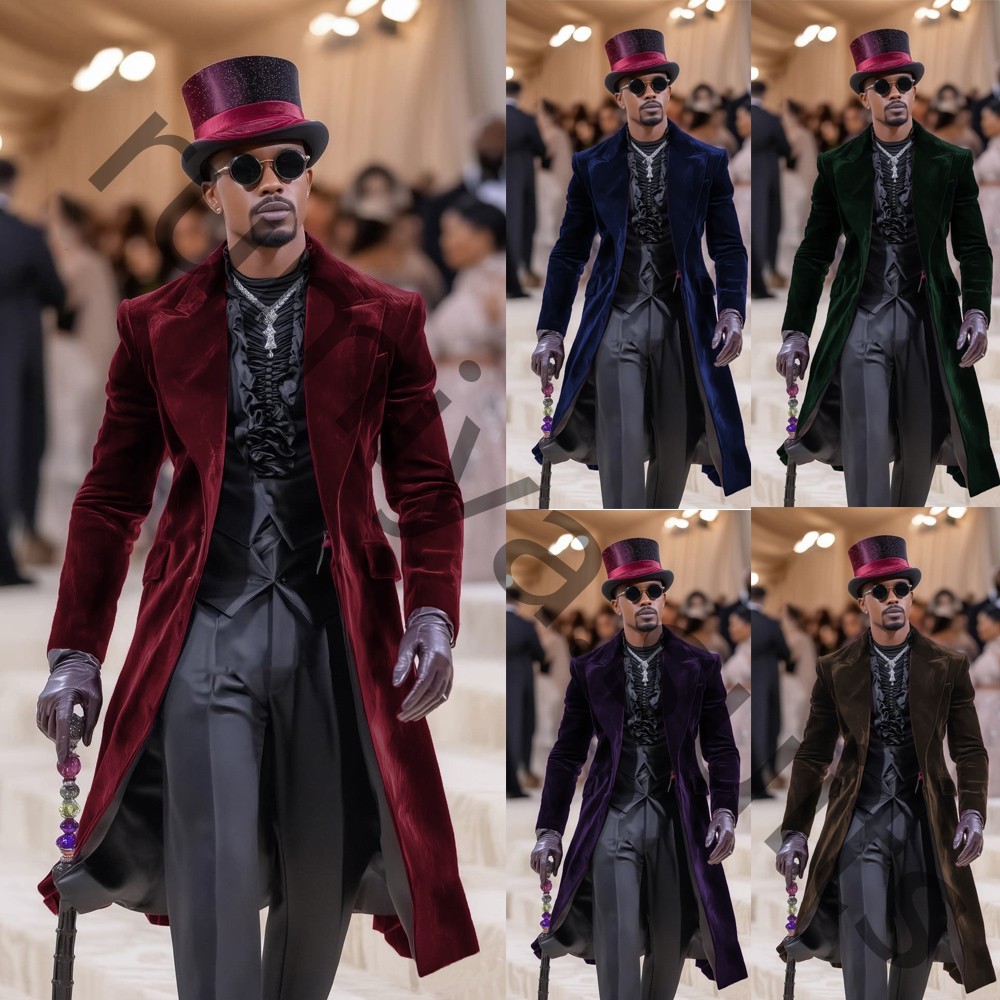 Velvet Men's Overcoat Peak Lapel Wedding Evening Party Prom Hosting Long Coat