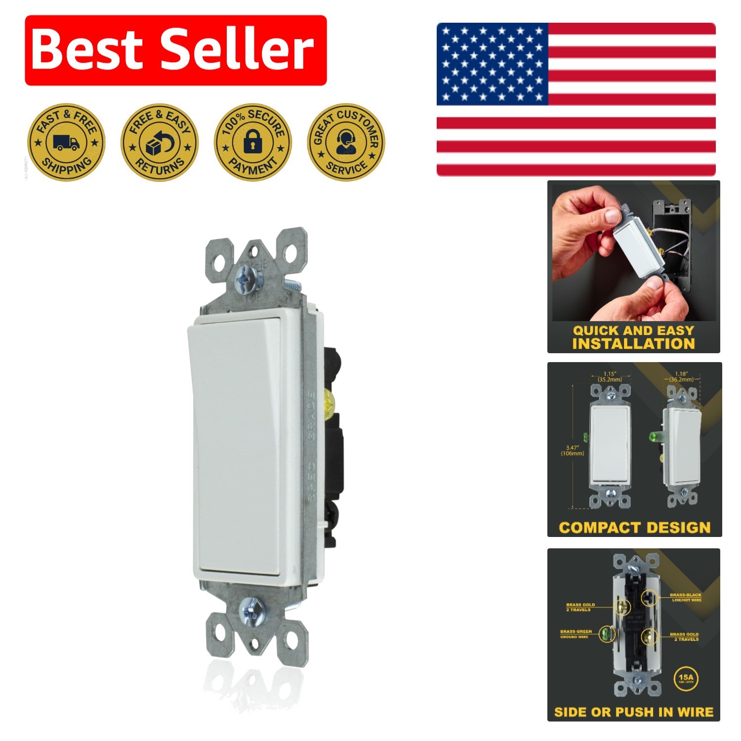 Compact 15A Rocker Switch for 3-Way Lighting, Easy Install, -Certified White