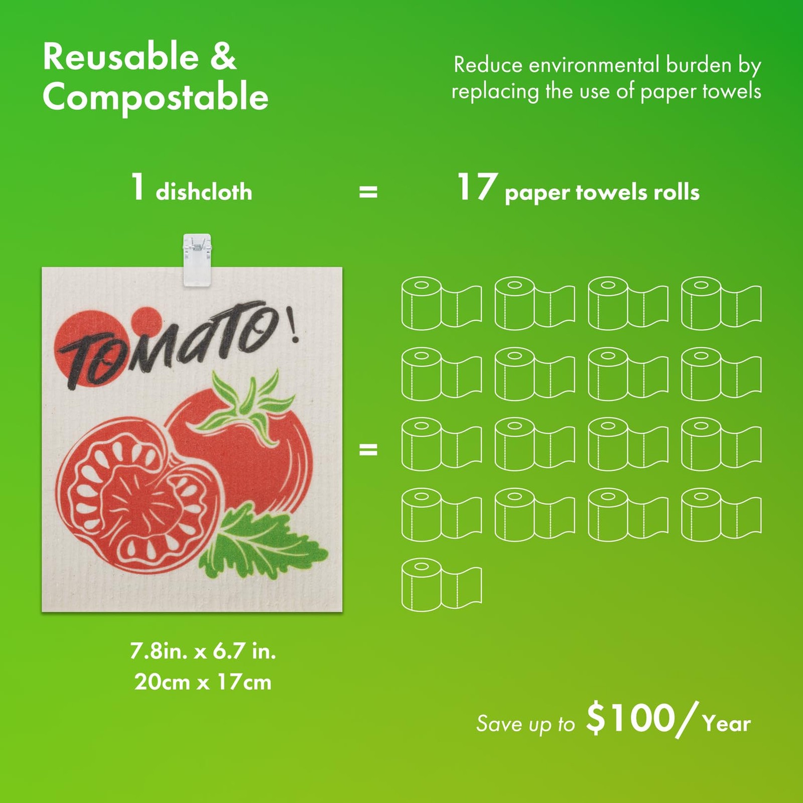 Swedish Dishcloths for Kitchen, 6 Pack Vegetable Swedish Dish Towels with Cli...