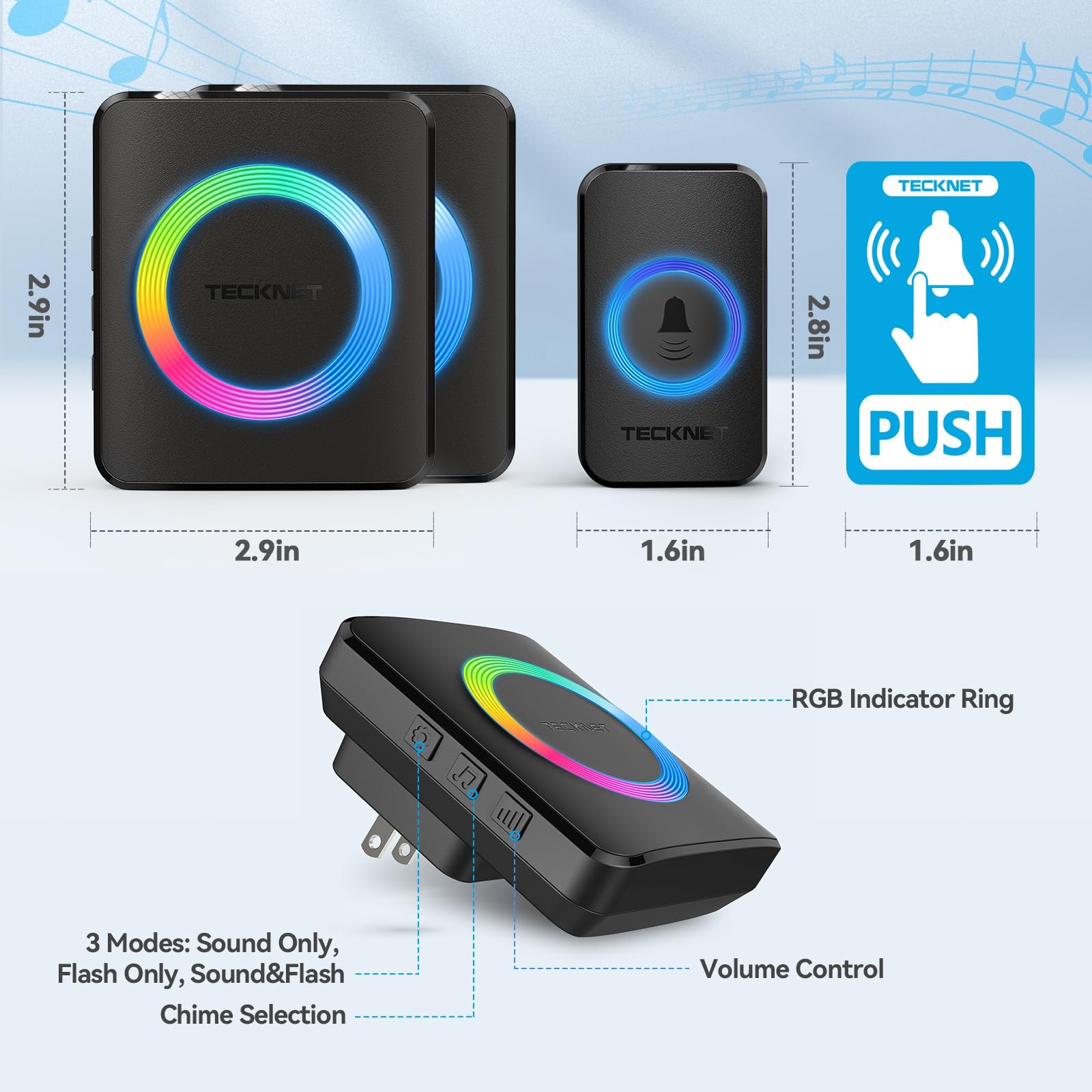 TECKNET Wireless Doorbell with 2 1 button & 2 plug-in receivers, BLack