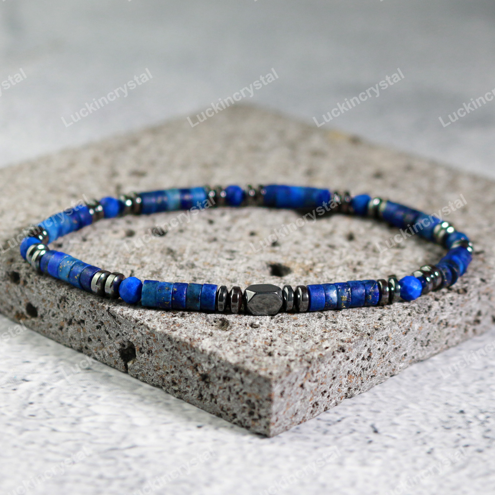 Natural Lapis Lazuli & Hematite Beaded Crystal Healing Reiki Stretch Bracelet