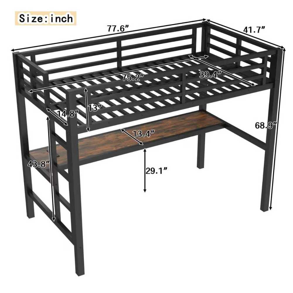 Metal Twin Loft Bed w/ Power Outlet & LED Light, Space-Saving, Black