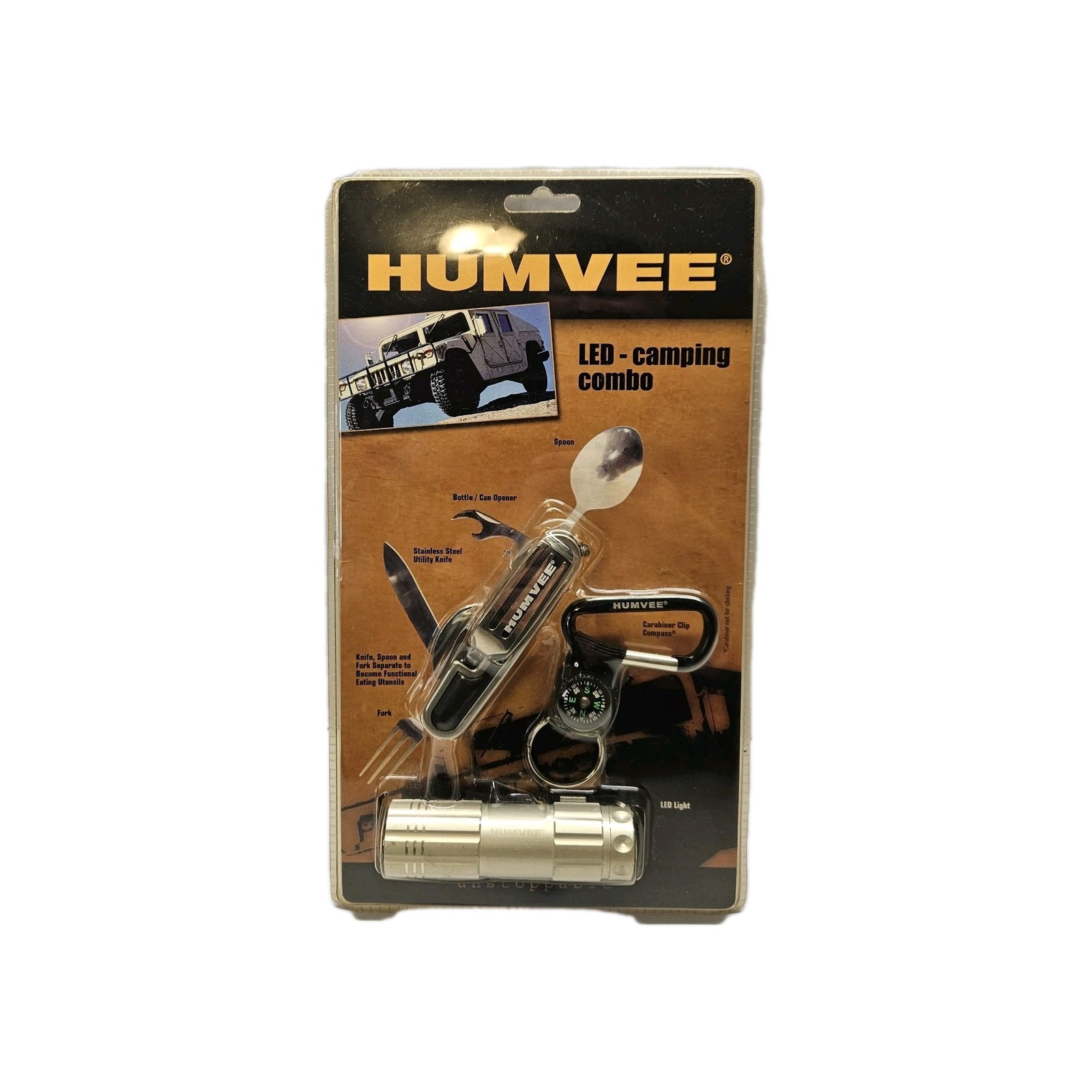 Humvee Emergency Rescue Survival Knife + LED Flashlight Carabiner Camp Combo