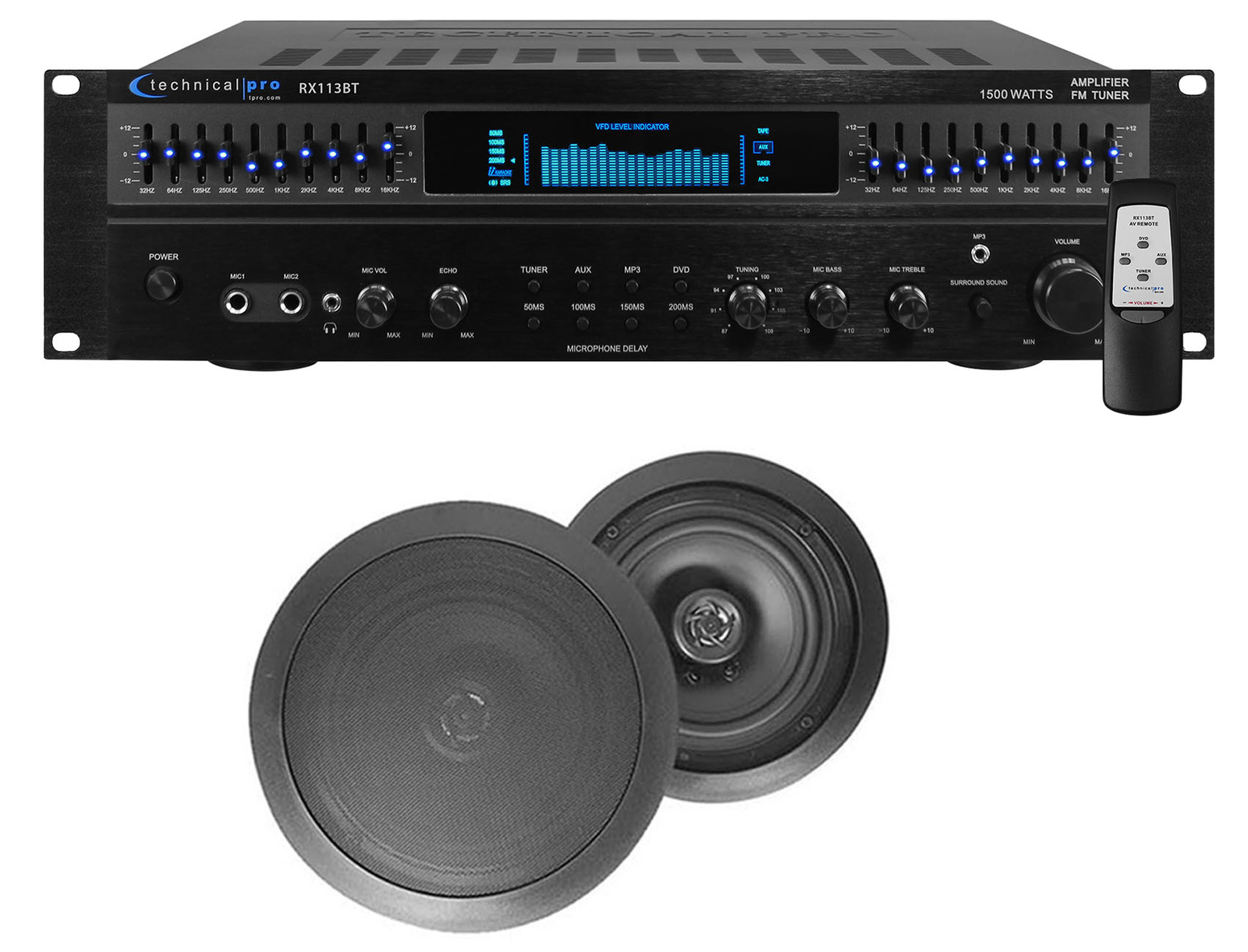 RX113 1500w Home Theater Amplifier Receiver+2) 8" Black Ceiling Speakers