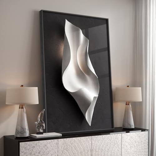Framed Black and White Abstract Wall Art, Large 36"L x 24"W Black White Fold