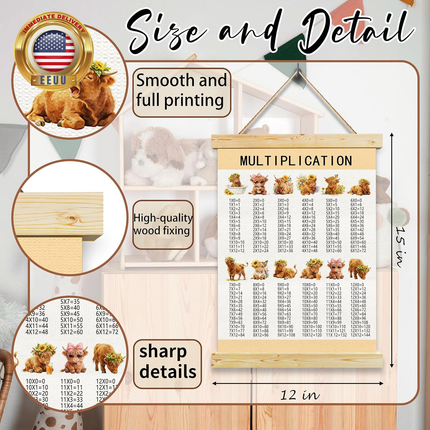 Highland Cow Multiplication Chart Canvas Print, Educational Math Times Table Wal