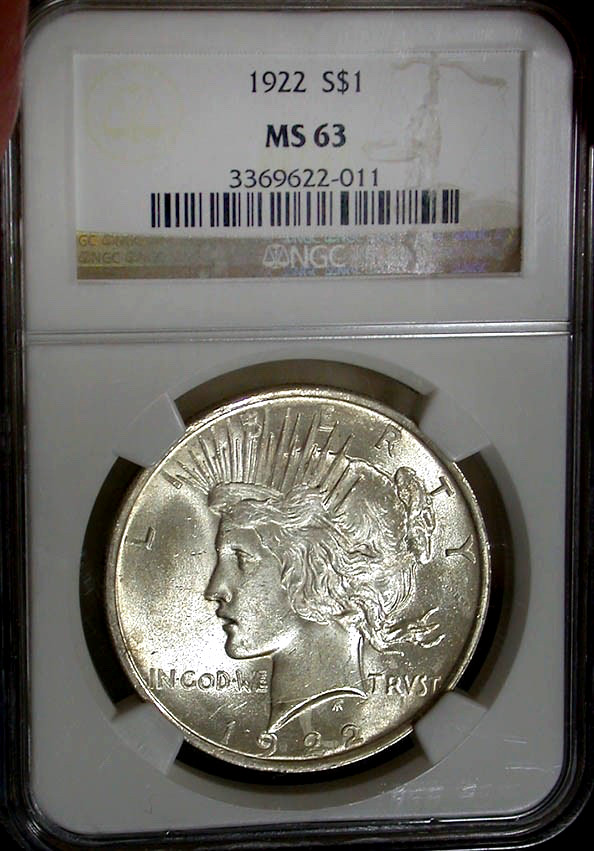 1922-P PEACE DOLLAR / BEAUTIFUL FULLY TONED REVERSE PLUS NICE LUSTER / NGC MS63