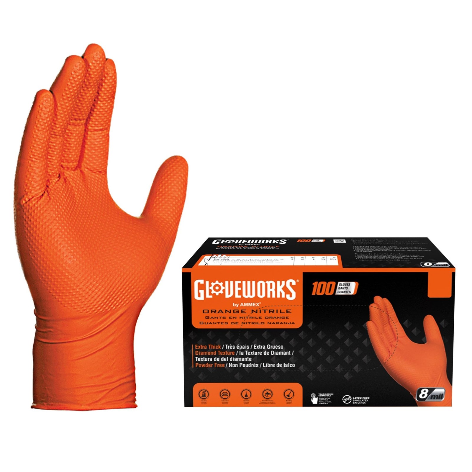 GLOVEWORKS HD Orange Nitrile Disposable Gloves 8 Mil Raised Diamond 100 Count XL