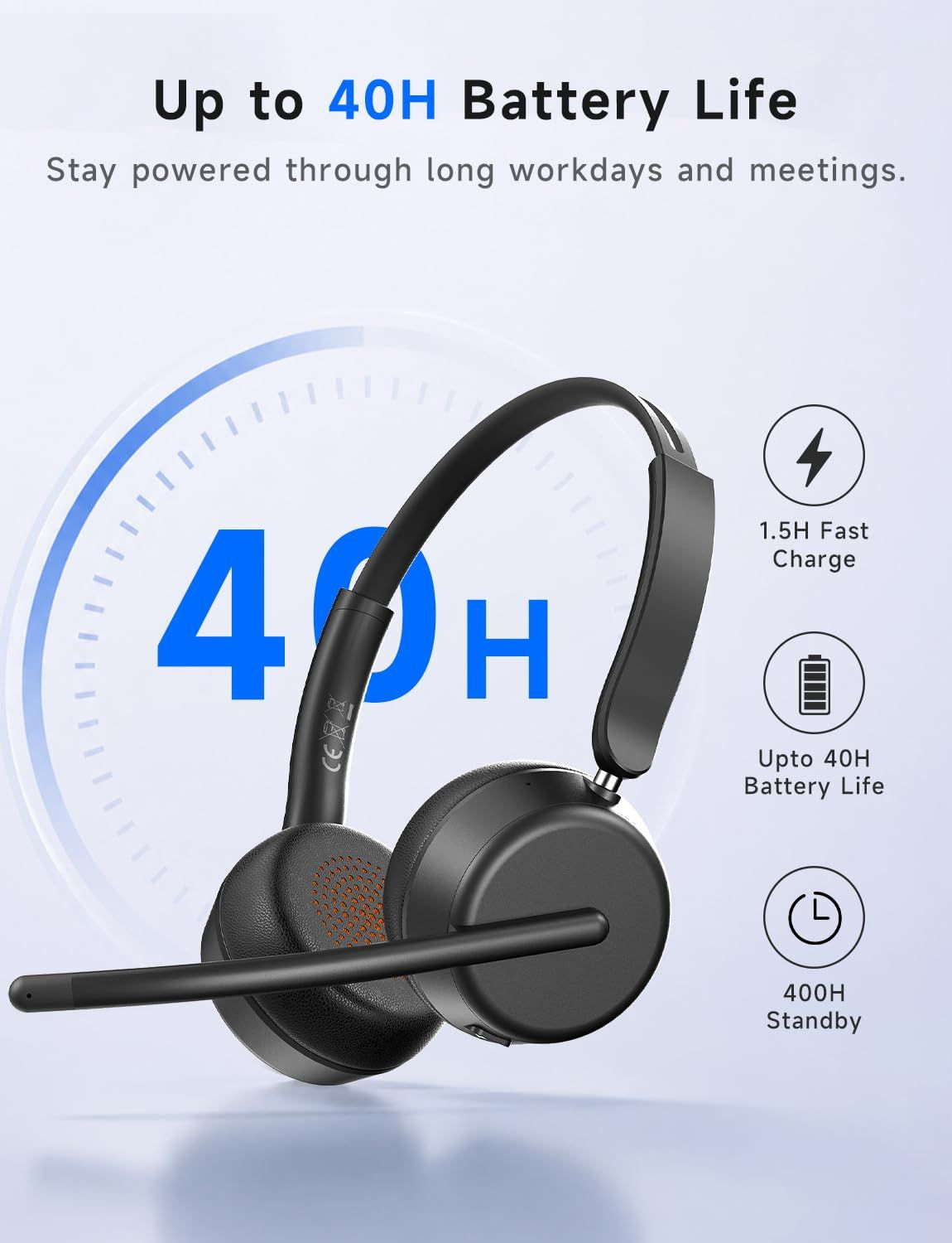 AOC Wireless Headset with Mic for Work, Bluetooth 5.4 Headphones Dark Black