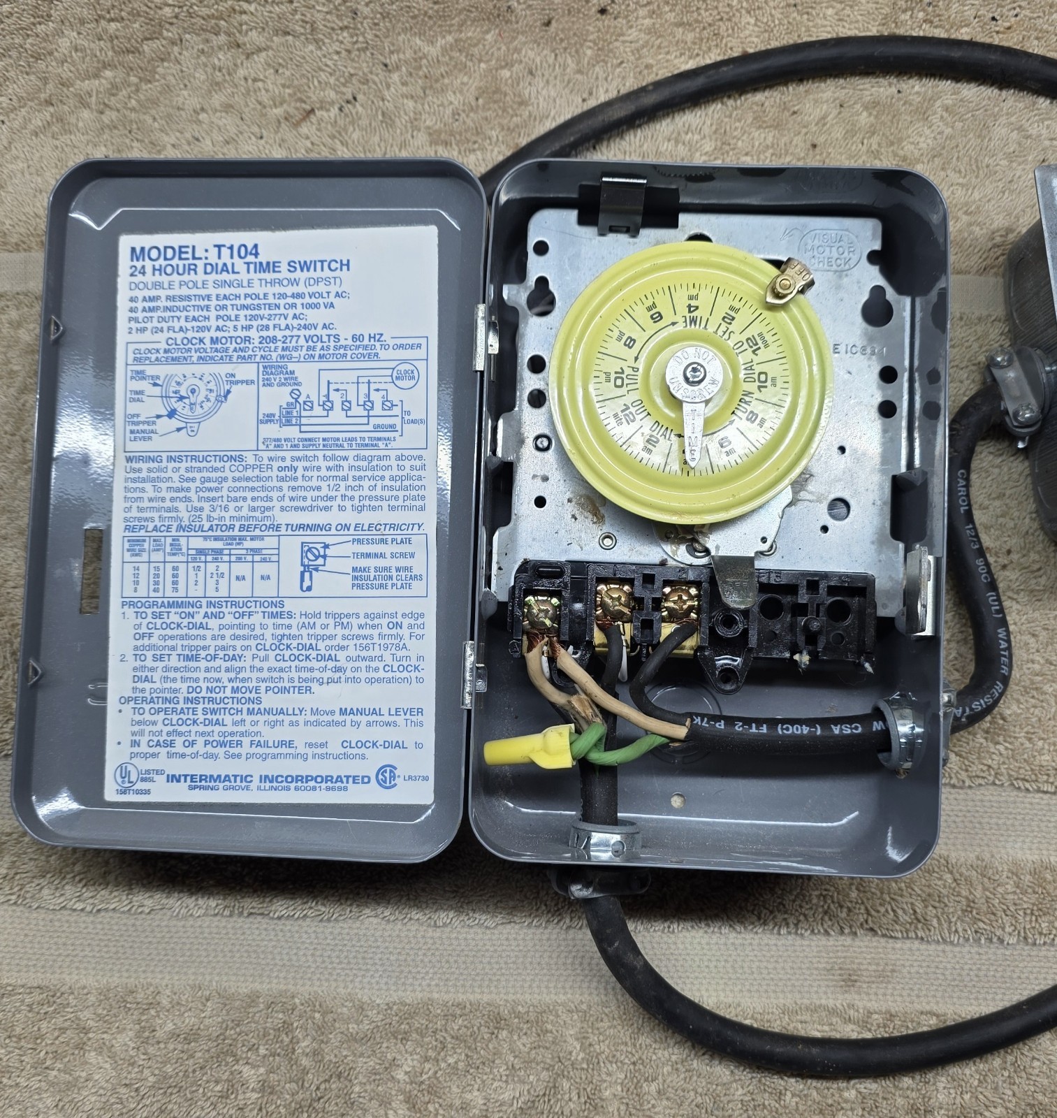 Heavy Duty Intermatic T104 Timer Assembly Pre-Wired 12/3 Cord Quad Outlet Box
