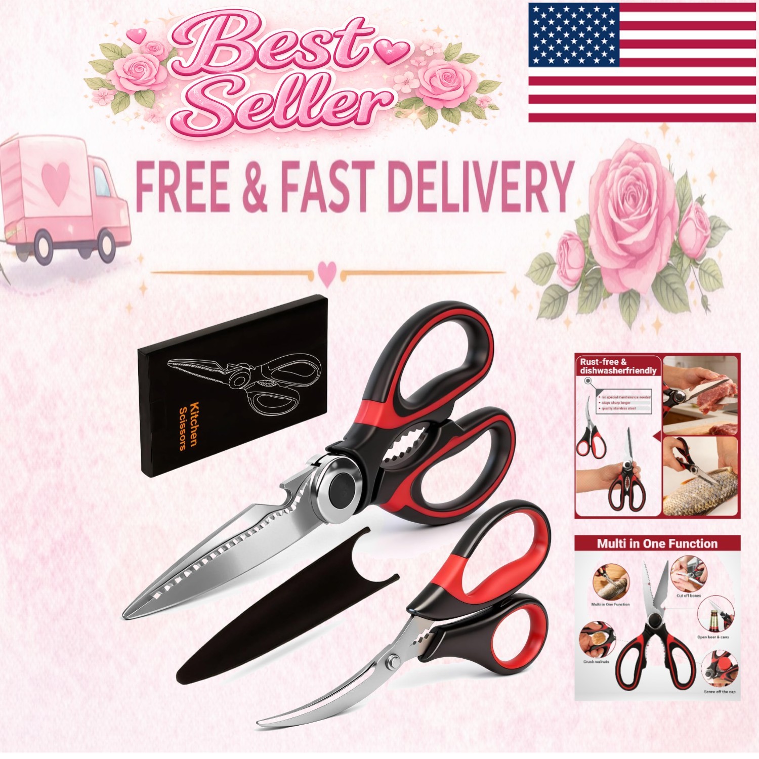 Professional Grade Kitchen Shears & Seafood Scissors - Sharp & Durable Set of 2