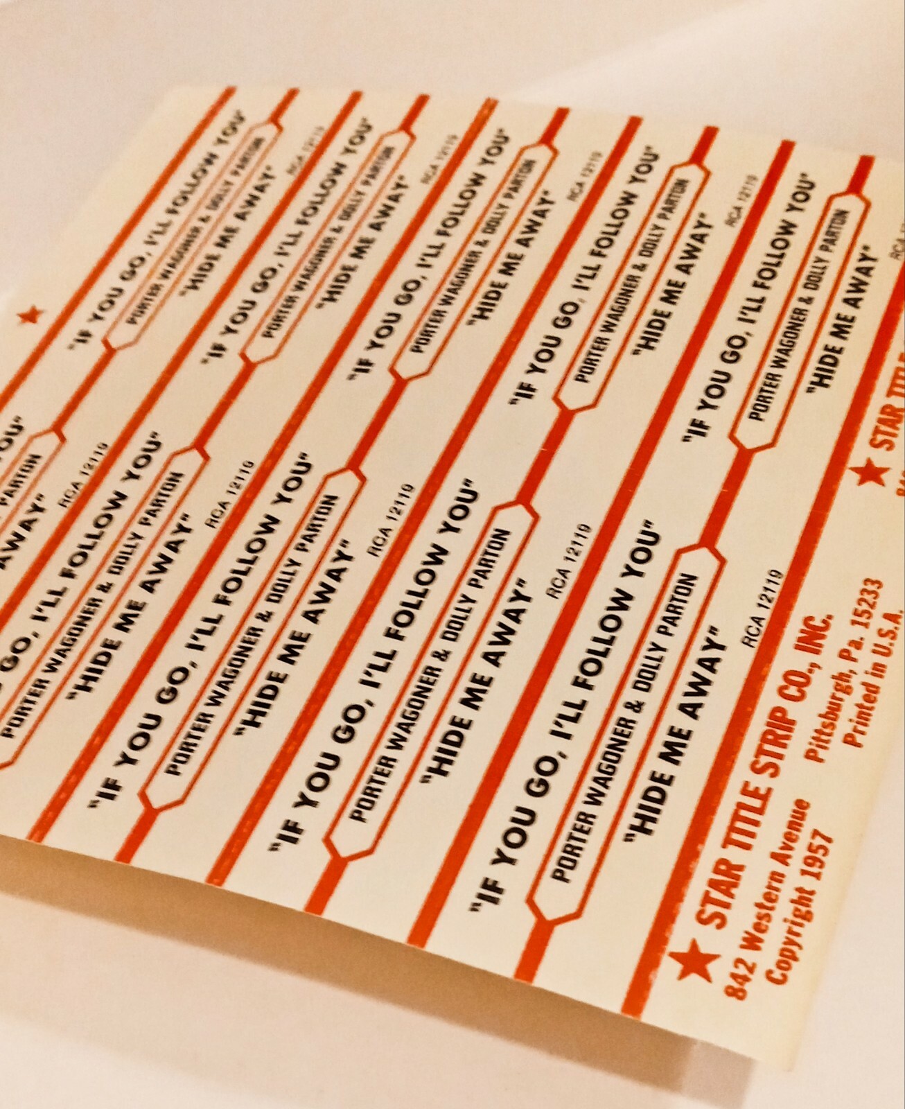 Porter Wagoner & Dolly Parton JUKEBOX Title Strips - UNUSED SHEET of 10