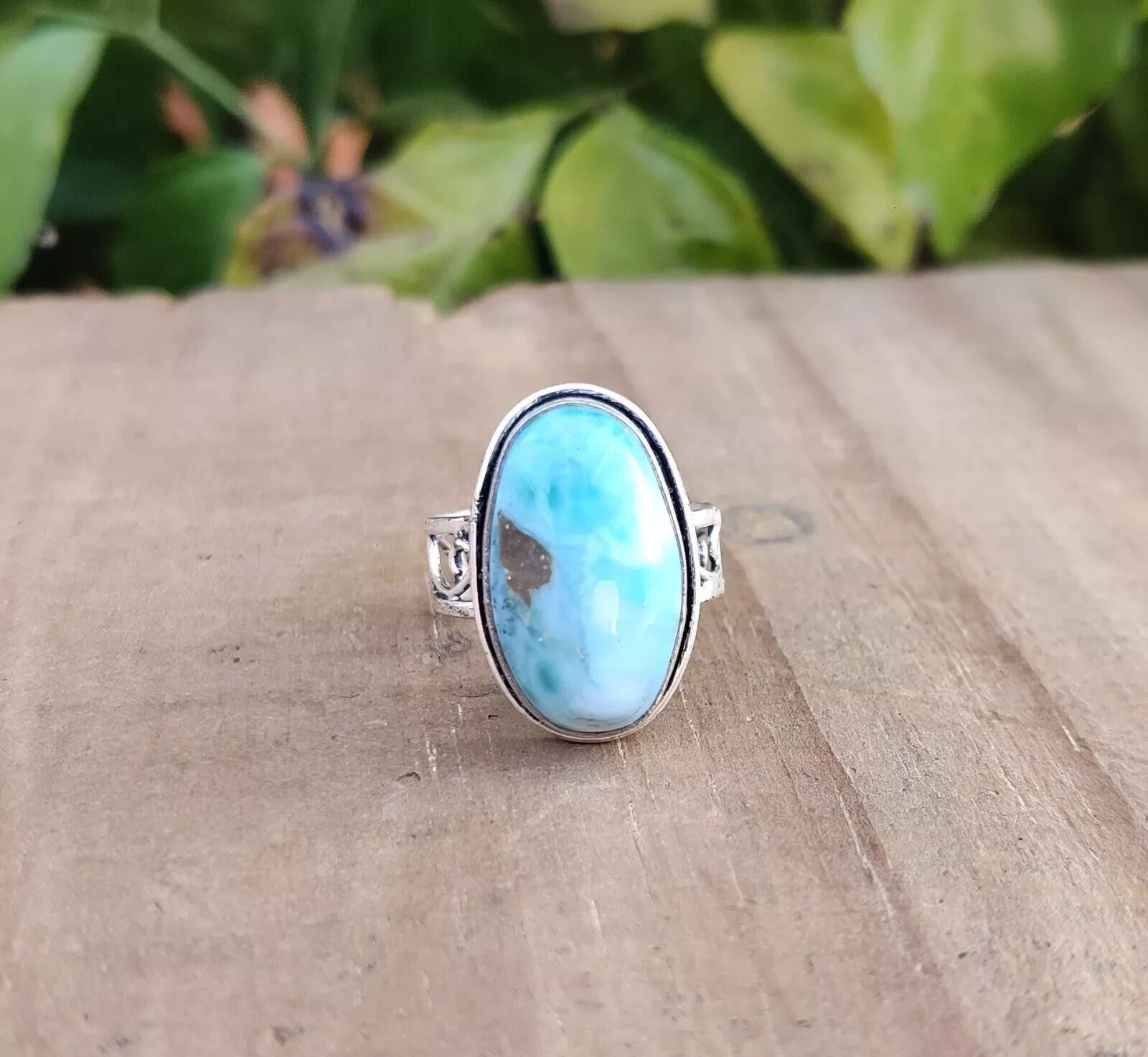 Larimar Gemstone Ring Solid 925 Sterling Silver Gift For Her Valentines Gift MK*